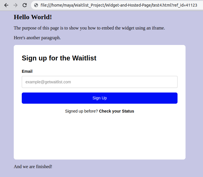 Browser example with Waitlist Widget in iframe